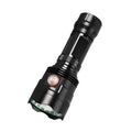 Black anodised aluminium tactical LED flashlight with a large head, shown with USB cable and yellow packaging box.