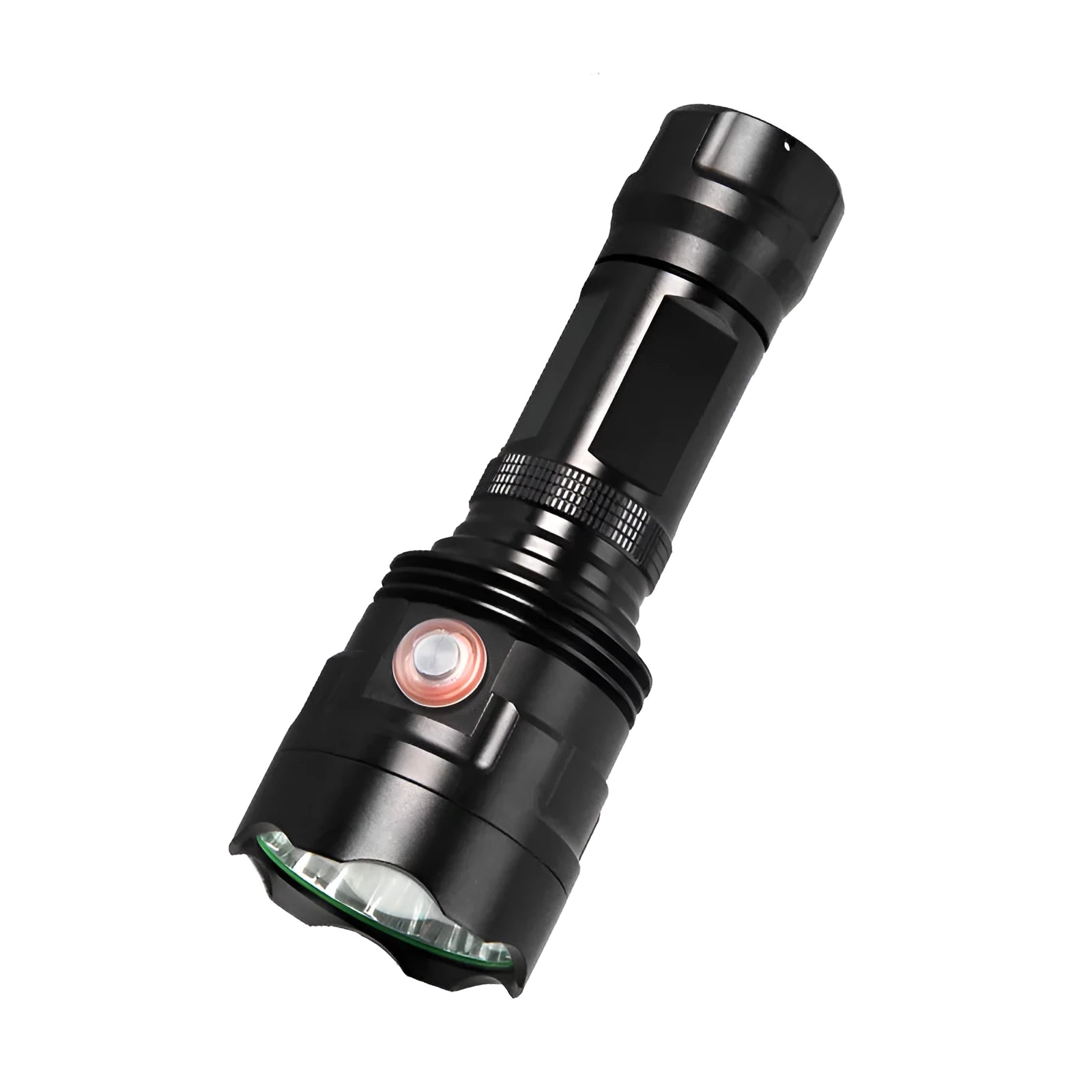 Black anodised aluminium tactical LED flashlight with a large head, shown with USB cable and yellow packaging box.
