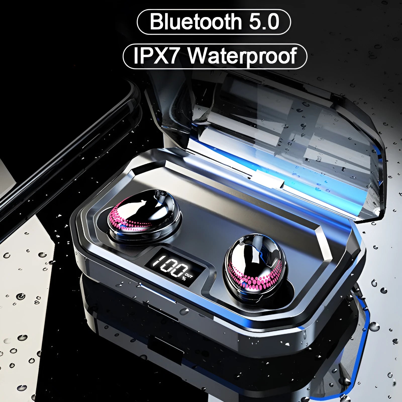 Black X10 true wireless Bluetooth earbuds inside their rectangular charging case.