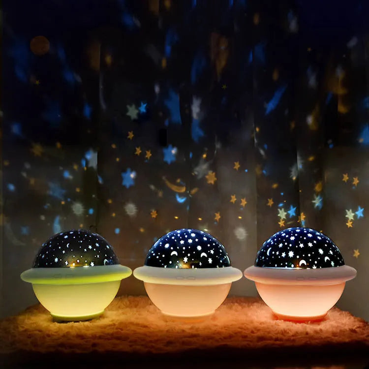 Green UFO-shaped starry sky projection lamp on a table with LED lights on