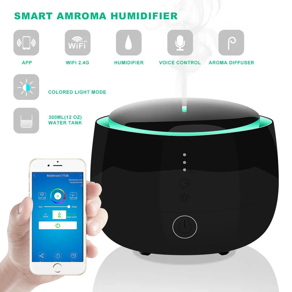 Black smart home aromatherapy humidifier with LED lights and touch controls, 300ml capacity