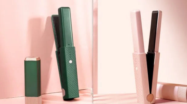 Portable USB 3-in-1 hair straightening curling comb with tourmaline ceramic in girl pink and emerald green on white background