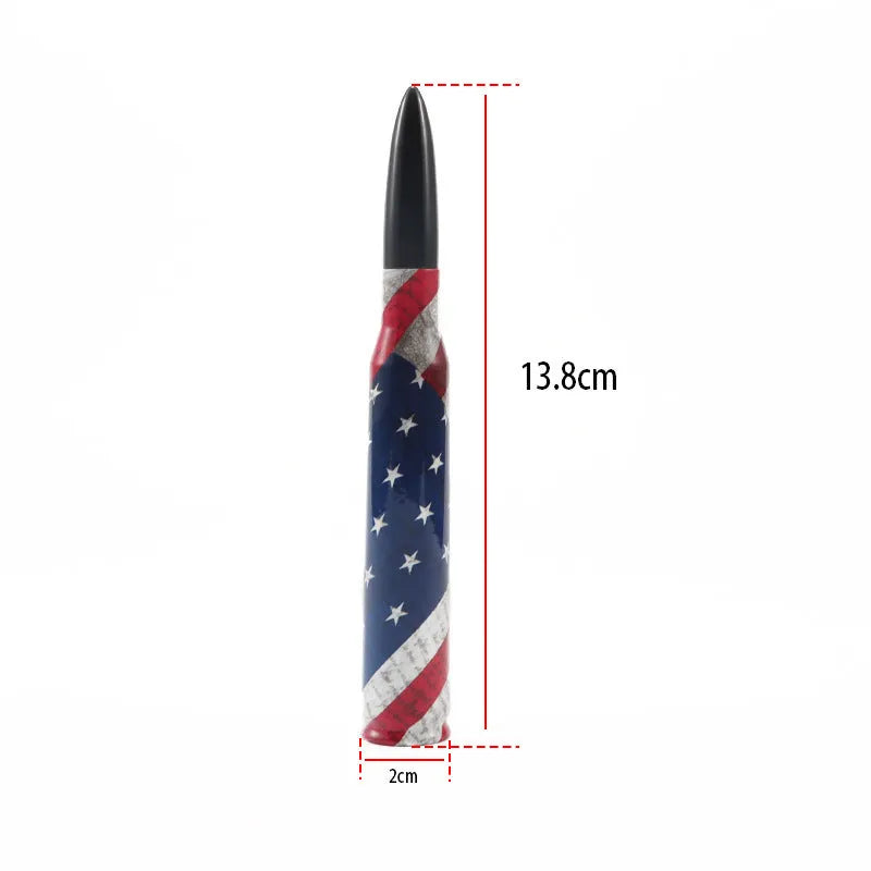 Universal 14cm car antenna shown in colour black, camouflage green, and American flag designs