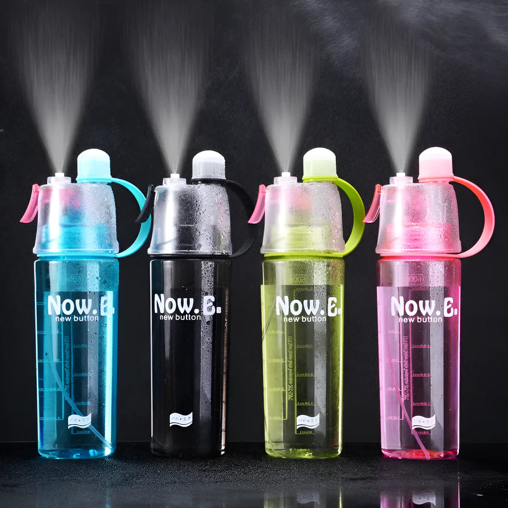 Portable sports mist spray water bottle with transparent body, handle, and mist spray function
