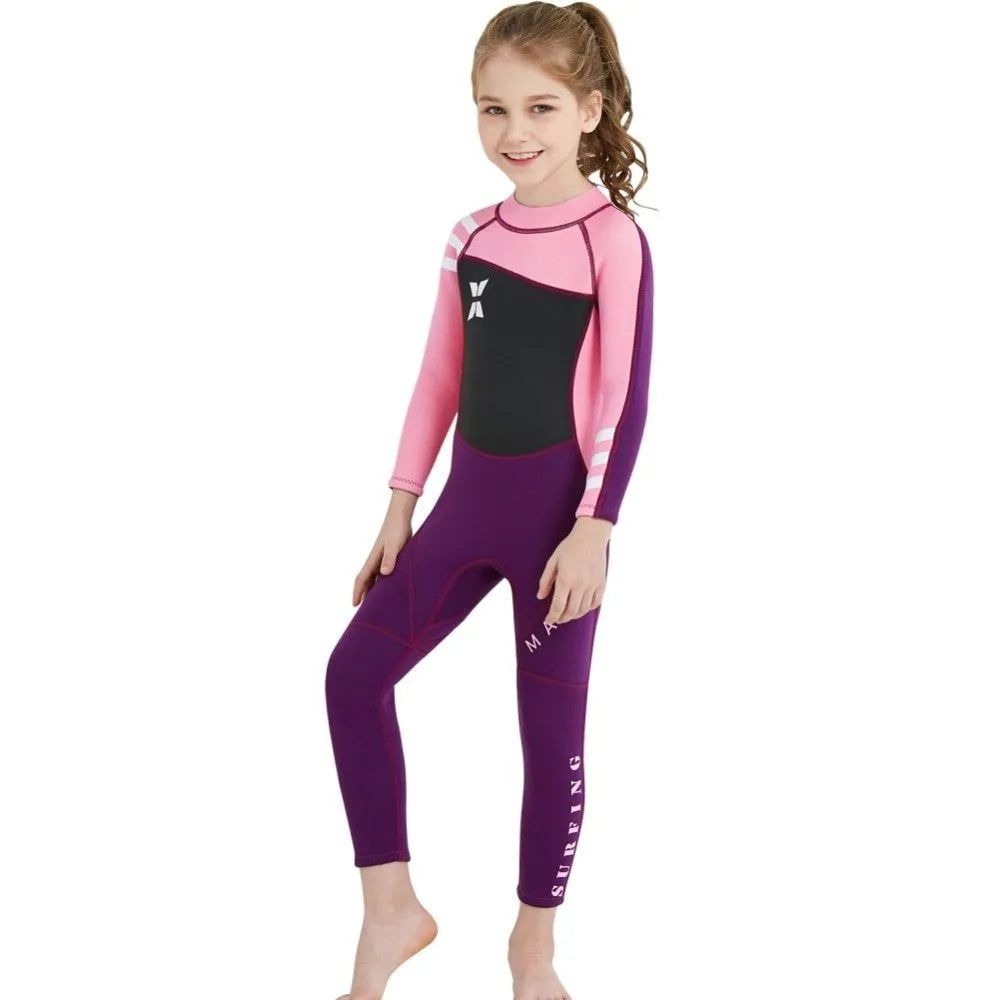 Children diving suit for girls SCR neoprene nylon wetsuit black pink colour front view