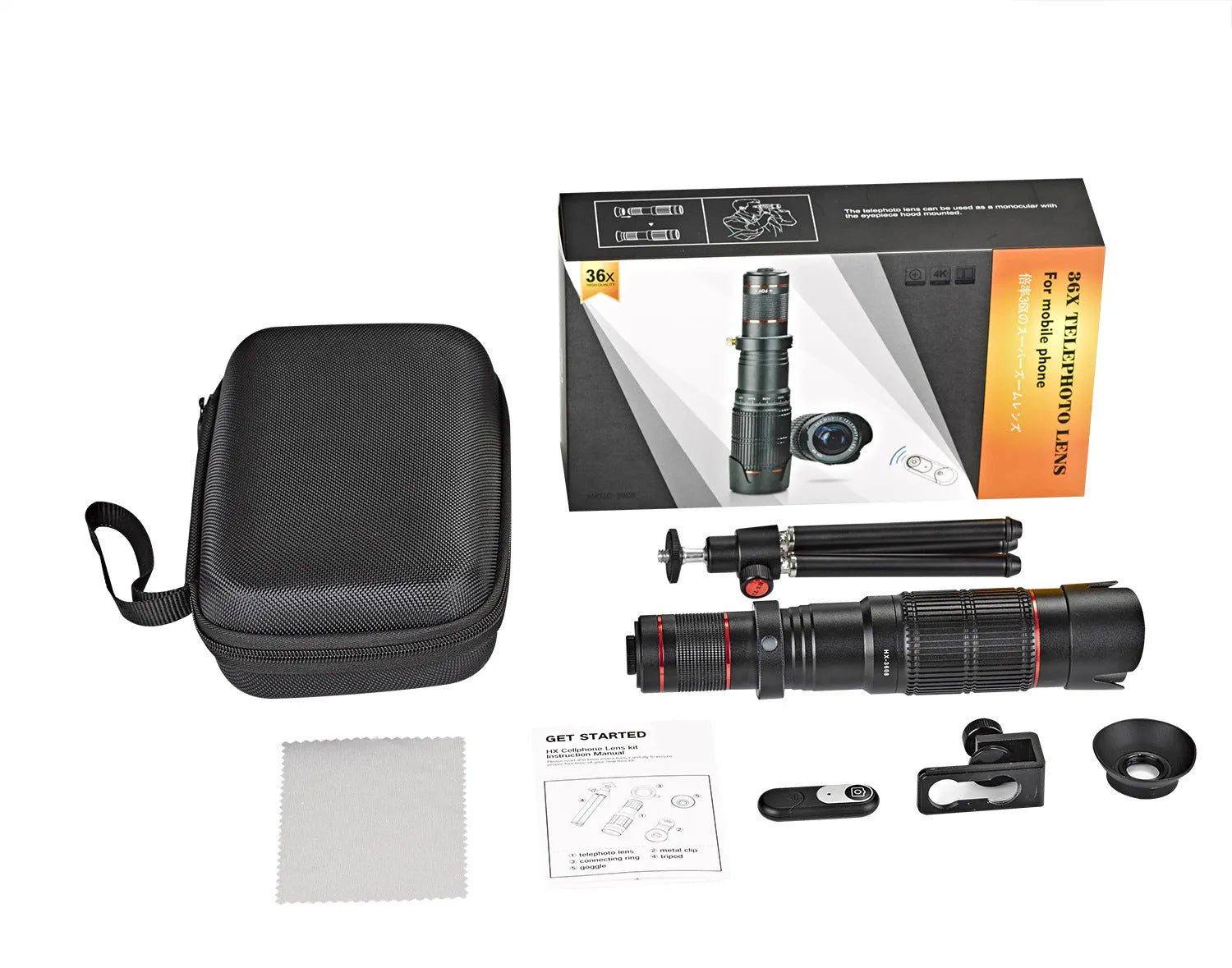 Black 36x telephoto lens attachment for mobile phones, shown with a phone.