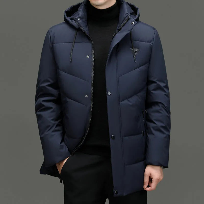 Men's extra thick down cotton-padded jacket in black, Korean casual cardigan style, regular fit, polyester fabric
