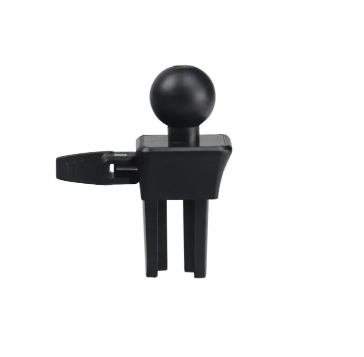 Black plastic universal mobile phone holder mounted on car air vent