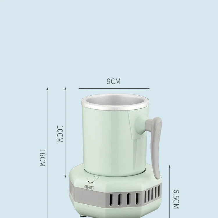 White portable mini cooling cup with base and power adapter for quick drink chilling.