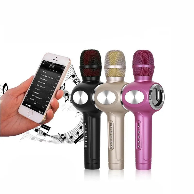 Yaerjia E108 wireless karaoke microphone in black, gold, or pink colour with built-in speaker