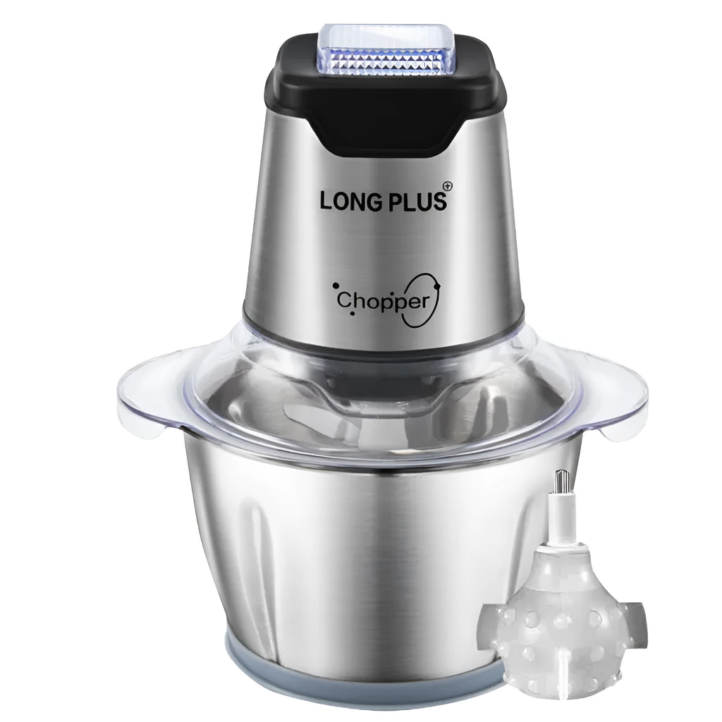 Silver and black electric meat grinder and garlic peeler appliance on a kitchen counter.