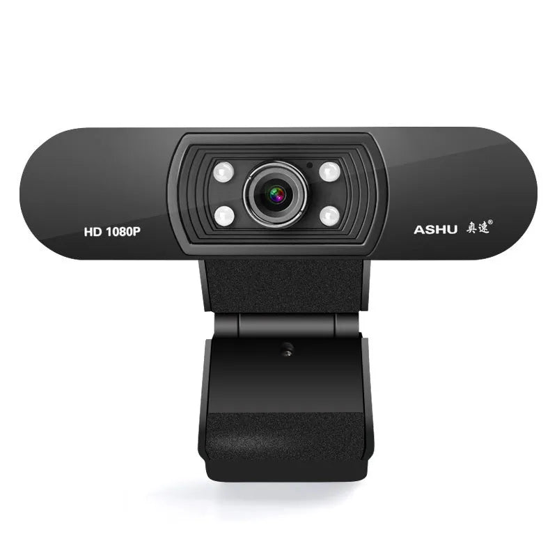 Black HD webcam with built-in microphone and glass lens on a laptop screen