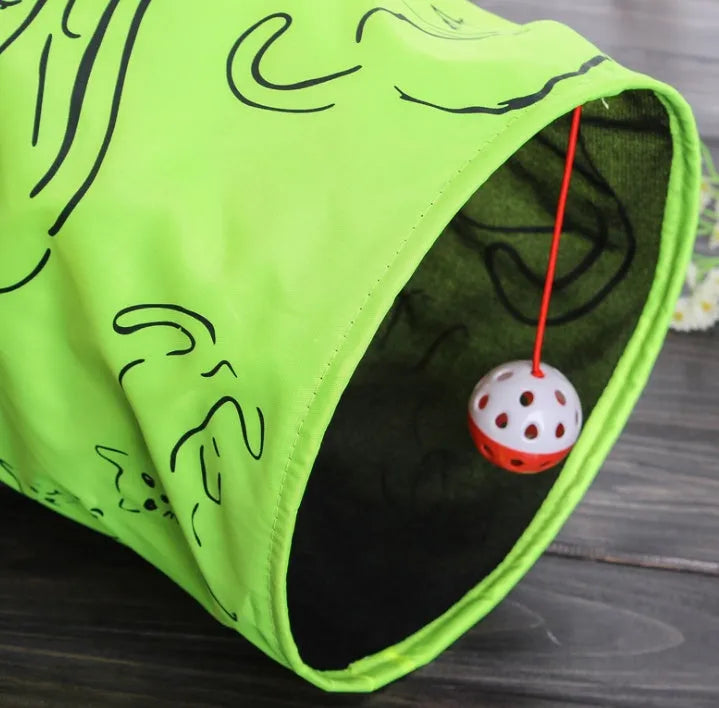Foldable cat toy tunnel with printed design, 25 cm diameter and 51 cm length, for indoor cat play