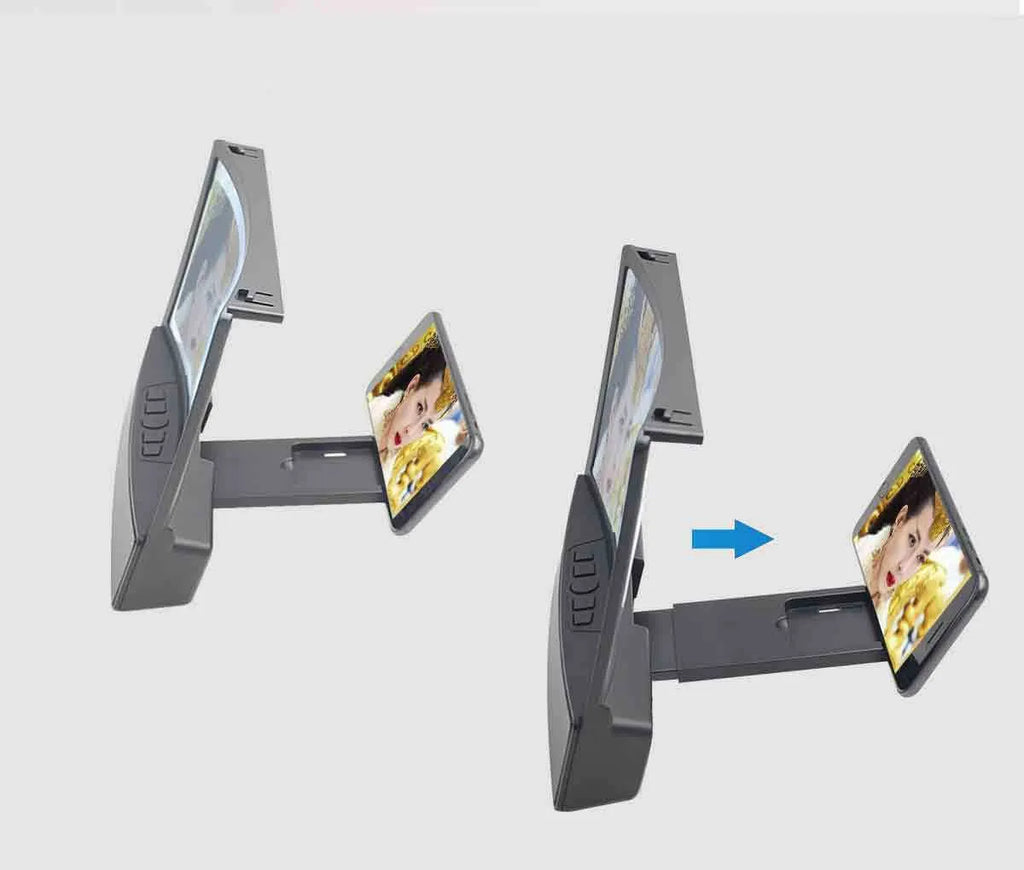 10 inch curved acrylic mobile phone screen magnifier with black ABS shell and integrated Bluetooth speaker, set on a table with a phone inside