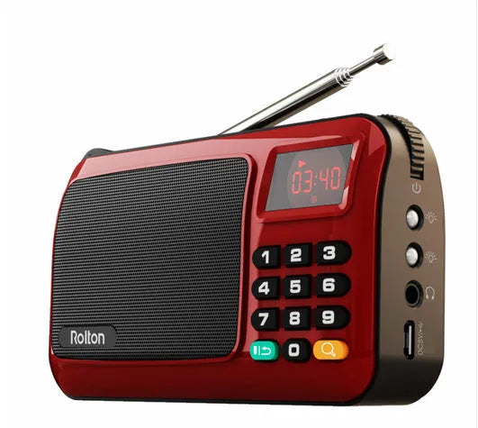 Golden Rolton W405 portable FM radio and MP3 speaker with LED display and wrist strap.