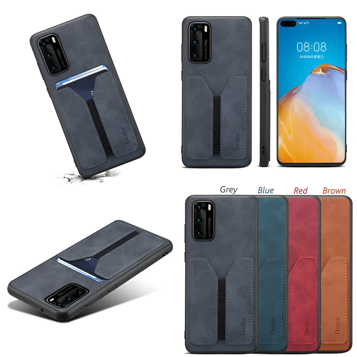 Huawei imitation leather handmade back cover in blue, brown, grey, or red for P30 and P40 series phones