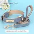 A double-layer leather dog collar and matching traction rope in blue, shown with size tags S, M, L, XL.