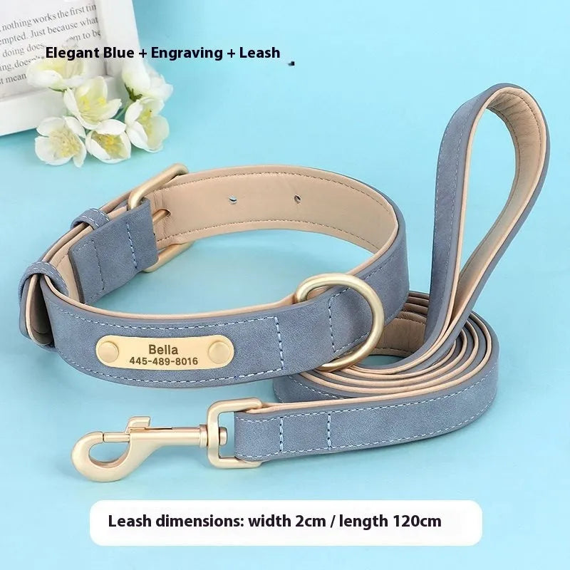 A double-layer leather dog collar and matching traction rope in blue, shown with size tags S, M, L, XL.
