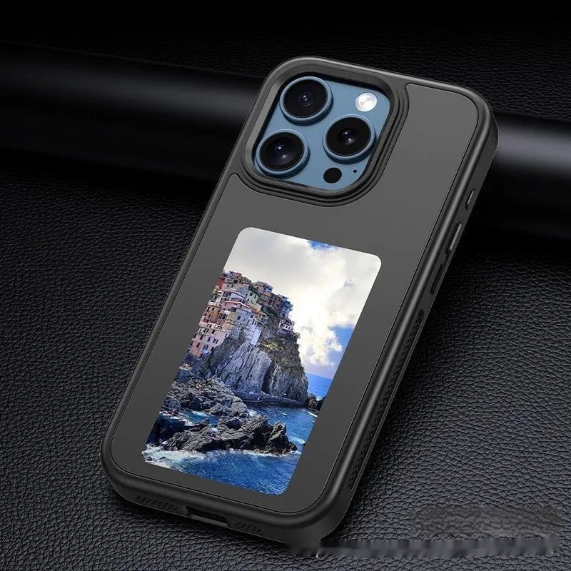 Black smart NFC phone case with four-colour e-ink screen and 3D relief texture for iPhone 11-16 series