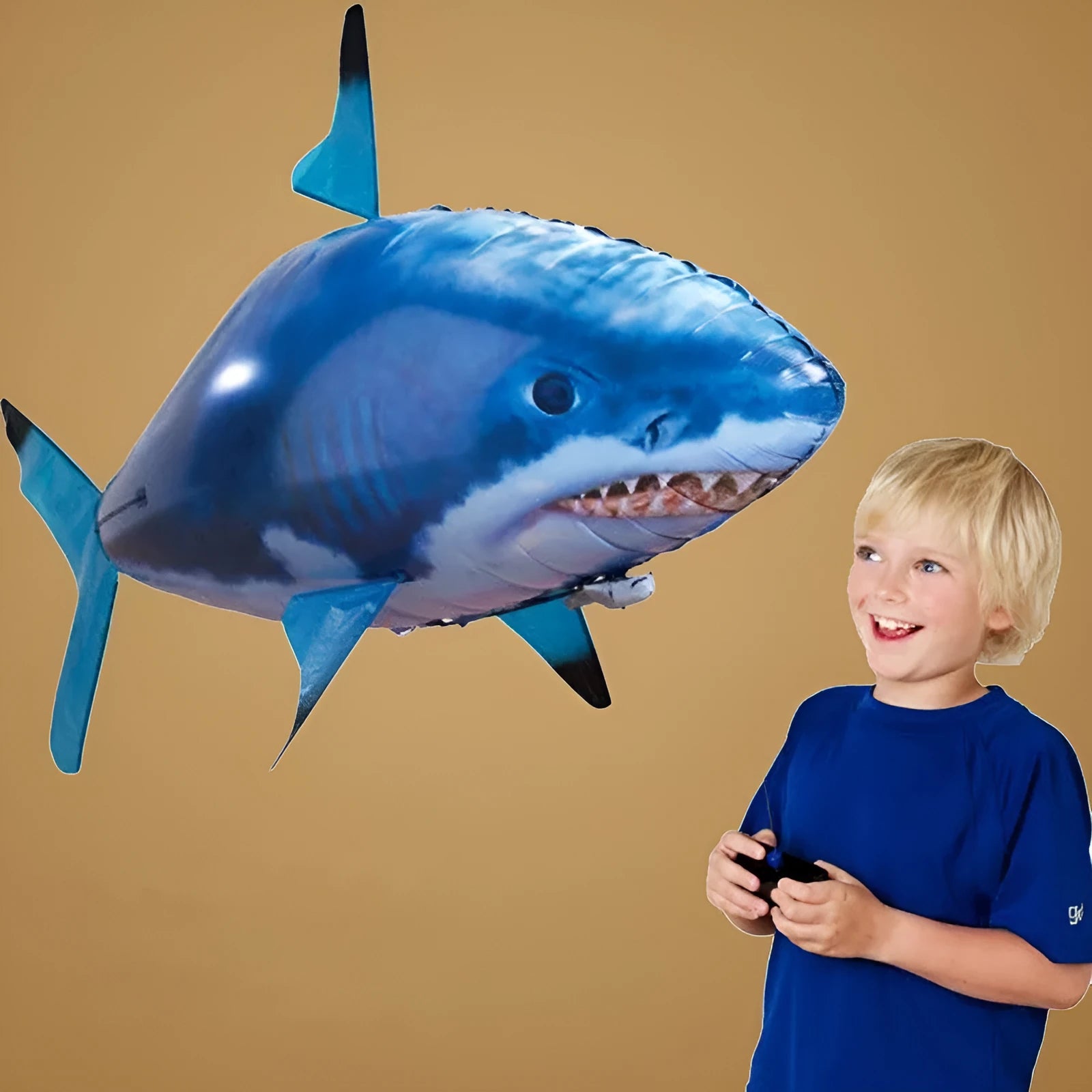 Large remote control shark inflatable balloon flying indoors with remote controller.