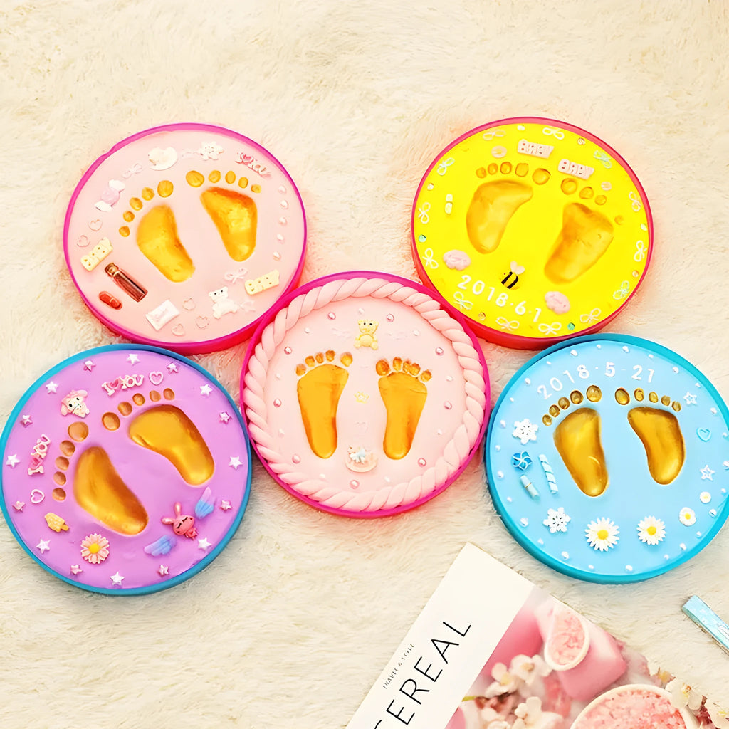 Baby hand and foot print mud kit with 4 colour clay set, tool set, and 20 cm x 20 cm x 3 cm ink box in a colour box.