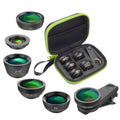 Black universal smartphone lens kit with six detachable lenses including fisheye, macro, and telephoto, shown with clip and case.