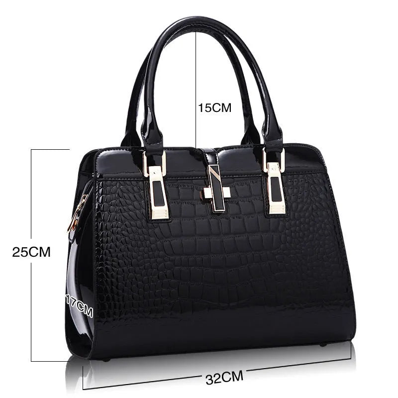 Large PU crocodile pattern ladies handbag in horizontal square shape with soft handle and zipper closure