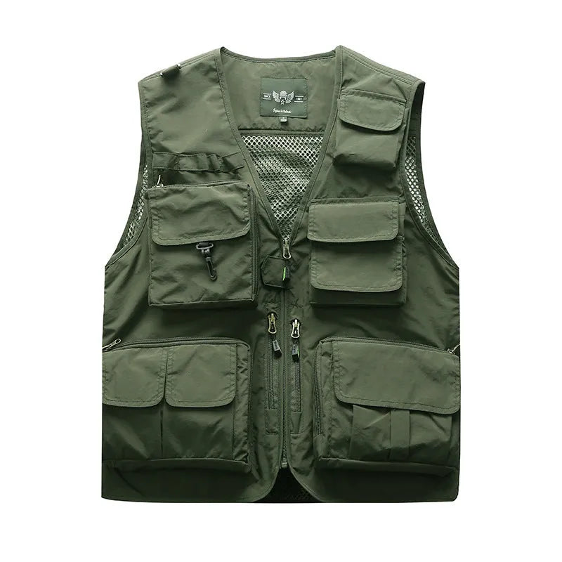 Cotton multi-pocket fishing vest with ribbed hem, available in army green, khaki, dark blue, black, red, orange