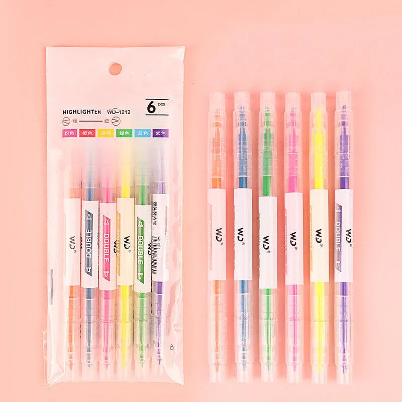 Set of six double-headed marker pens with round and oblique tips in six different colours