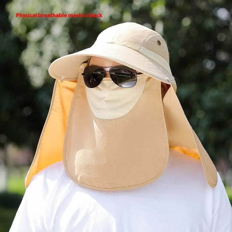 Men's khaki sun hat with built-in fan and neck covering shawl for outdoor fishing.