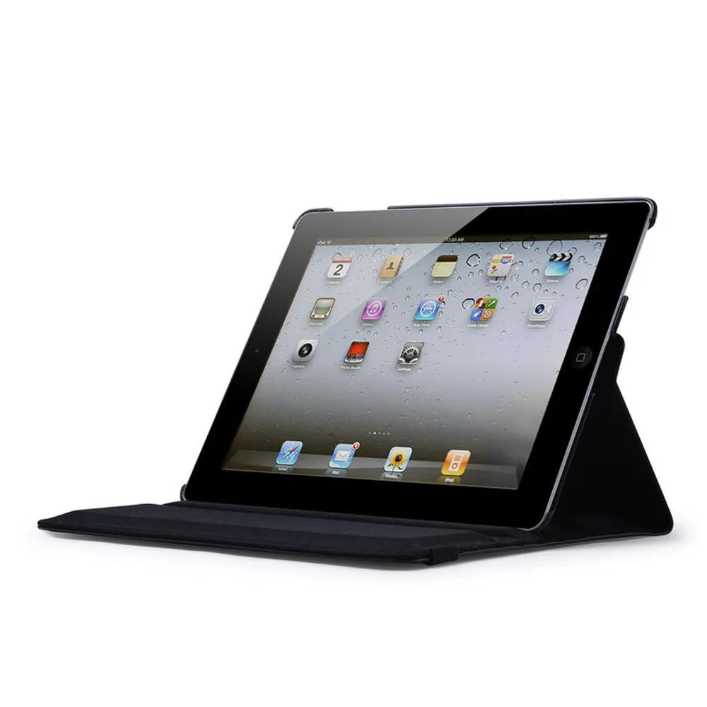 iPad PU leather clam shell case in various colours, shown closed and open with an iPad inside.