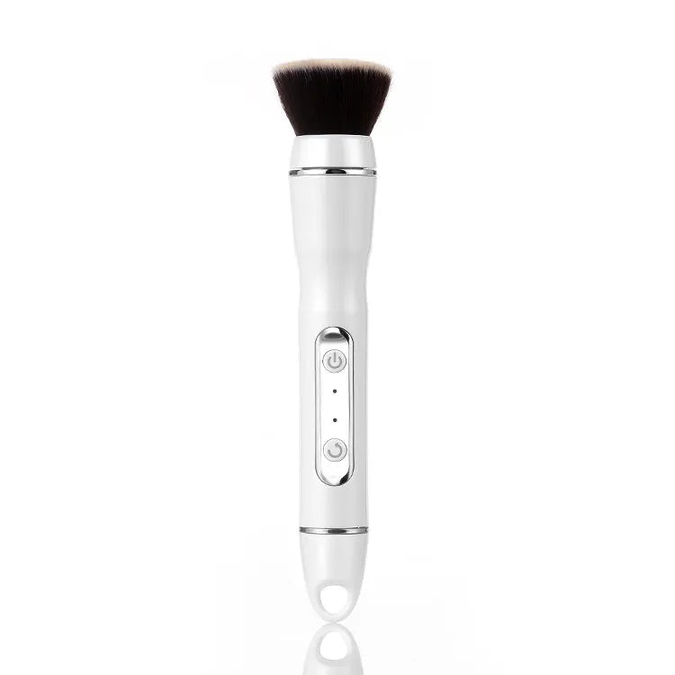 Electric makeup brush with foundation head and blush head, black, on a white background