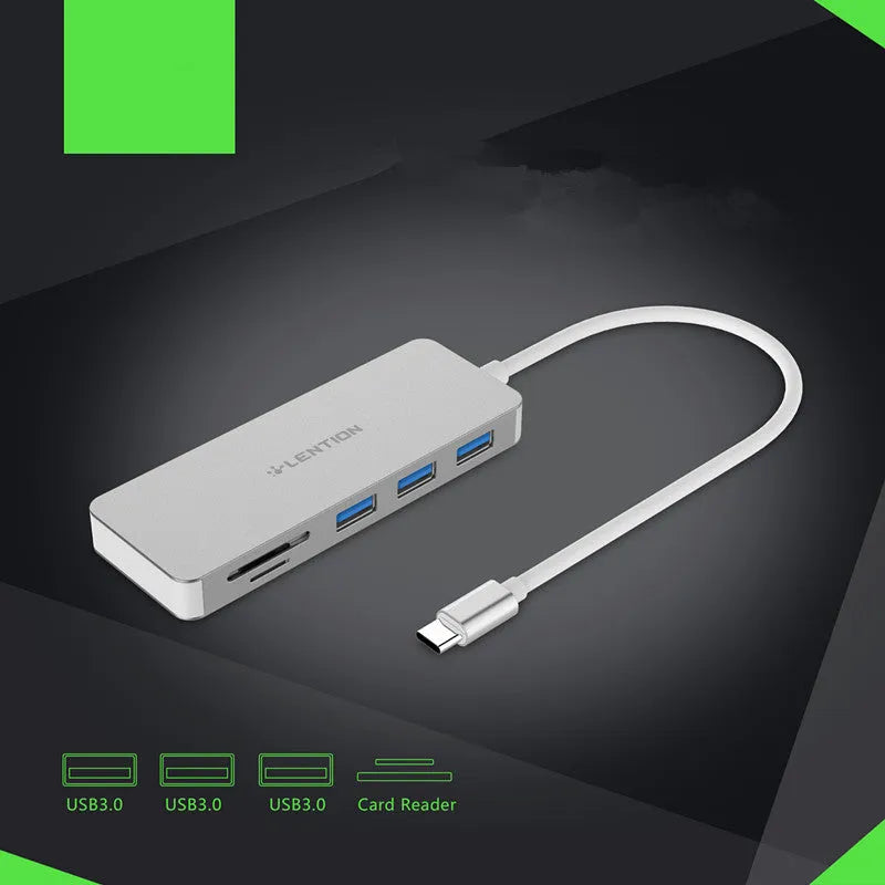 USB 3.0 hub with 3 USB ports, SD and TF card slots, 11.4cm cable, dark grey