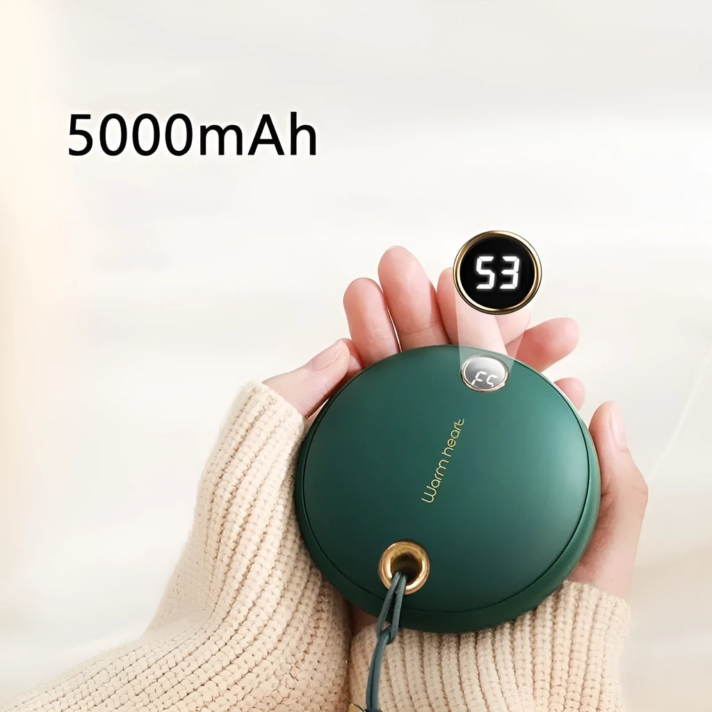 Green square power bank with digital display showing battery percentage, with a USB cable.