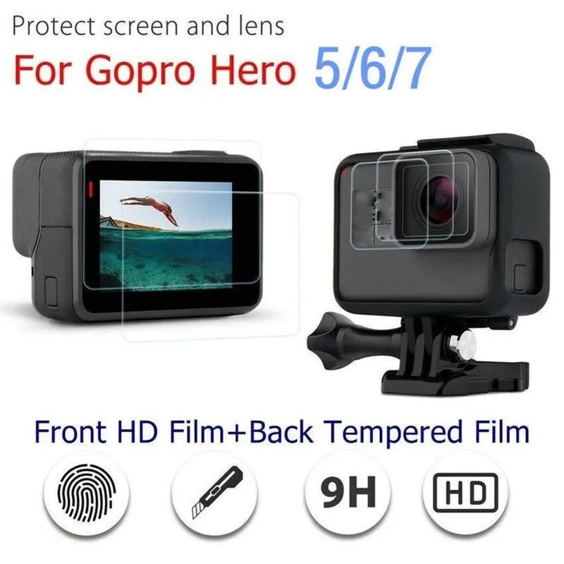 9H tempered glass screen protector and lens film for GoPro Hero 5, 6, and 7 action cameras.