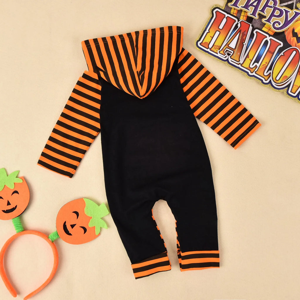 Black and brown cotton Halloween romper for children with long sleeves and a hood, shown in sizes 70cm to 100cm.