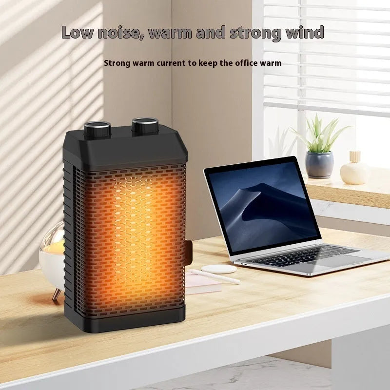 Black desktop smart heater with remote control showing compact 14.5x10x26cm dimensions