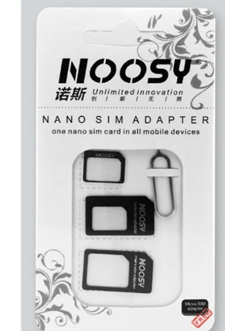 Three SIM card adapters for nano to micro and standard conversion in black and white colours