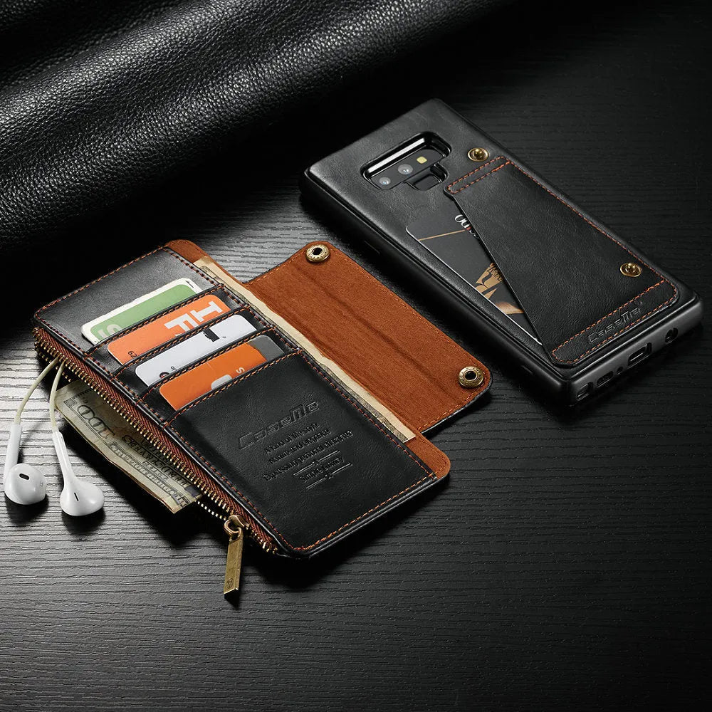 Black PU leather flip phone case open, showing Samsung Galaxy Note9 securely fitted inside.