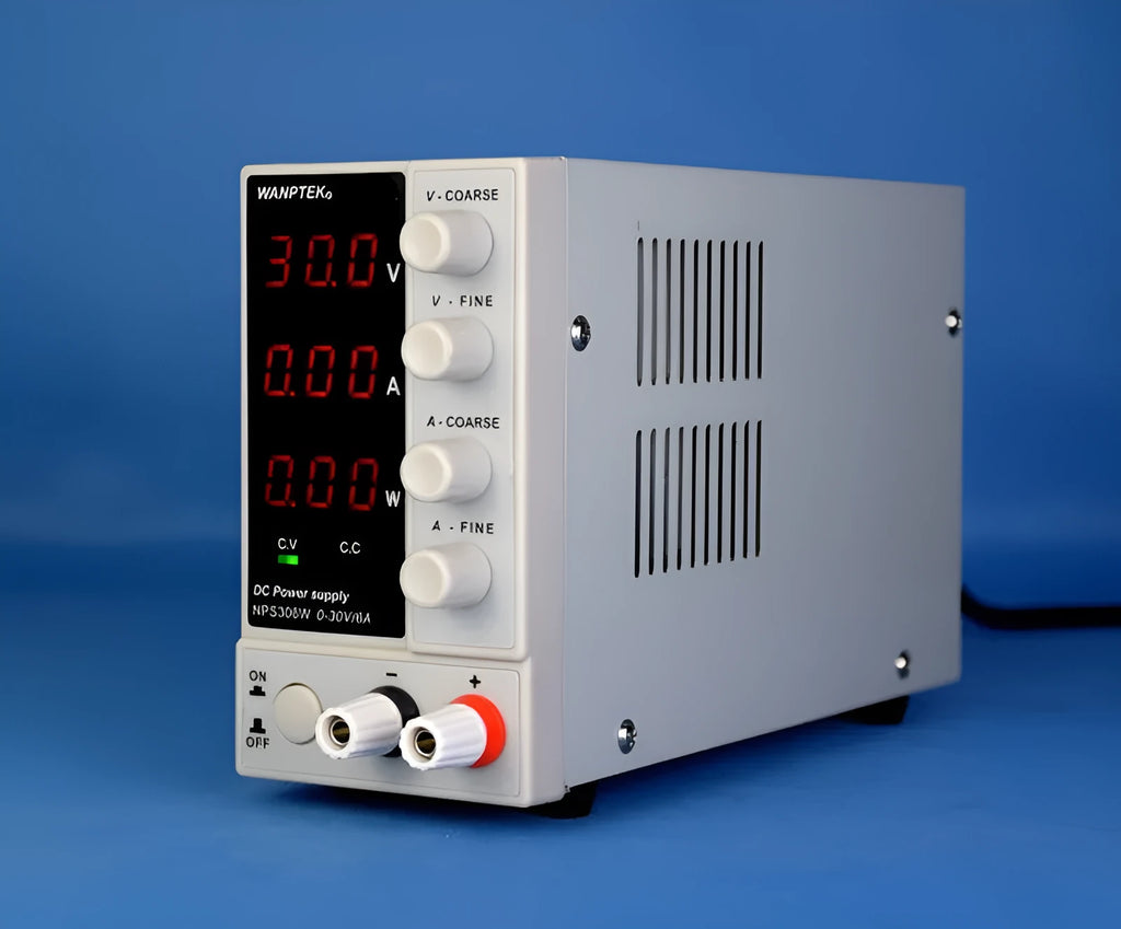 White adjustable DC bench power supply unit with displays and controls for voltage and current.