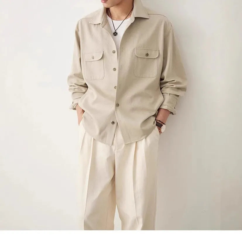 Men's long sleeve lapel collar shirt in a chemical fibre blend fabric.