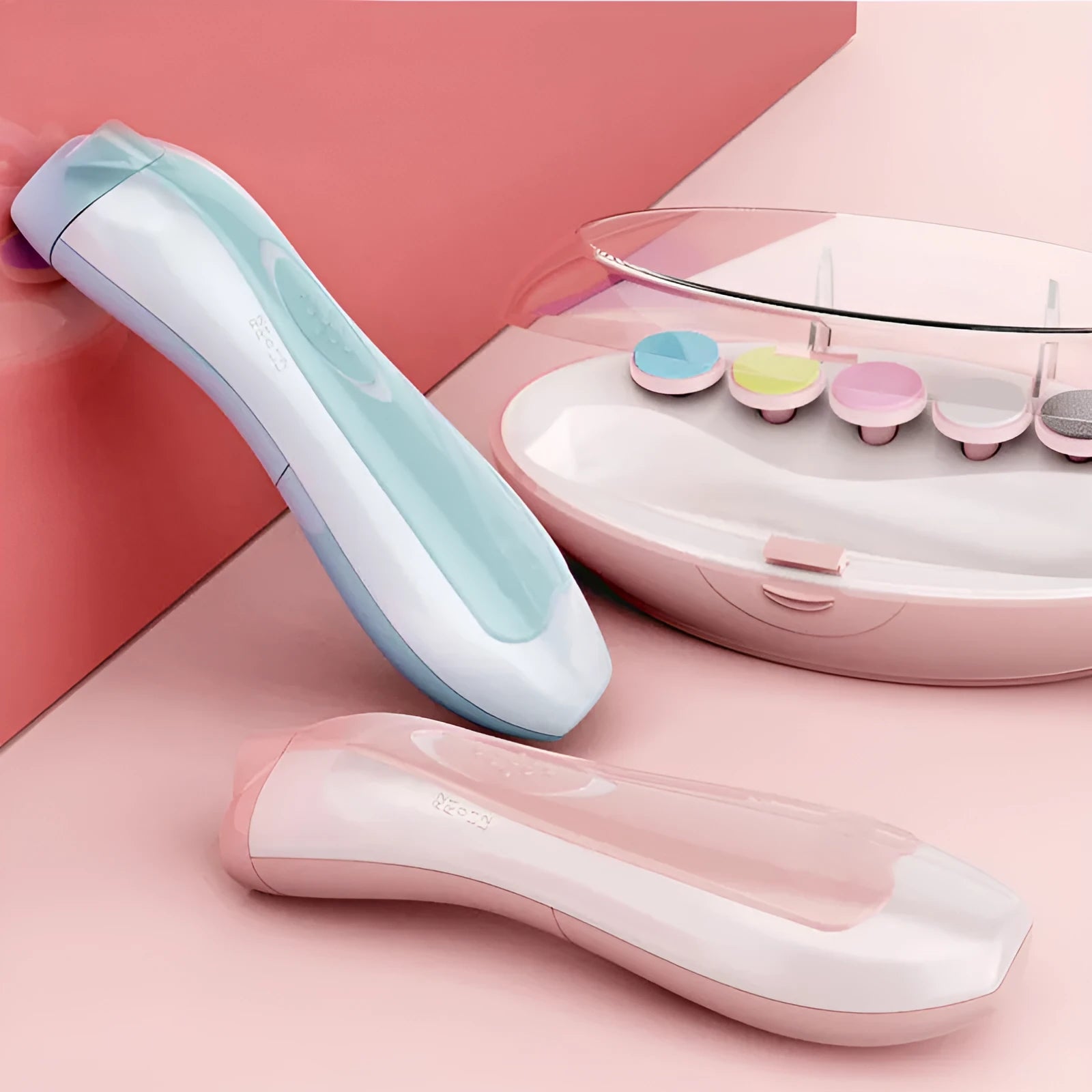 Blue and pink baby electric nail polisher file for infants and toddlers aged 0-3 years.