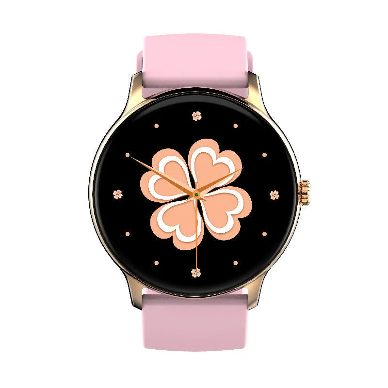 Black smartwatch with circular screen displaying heart rate and blood pressure data on a silicone wristband.