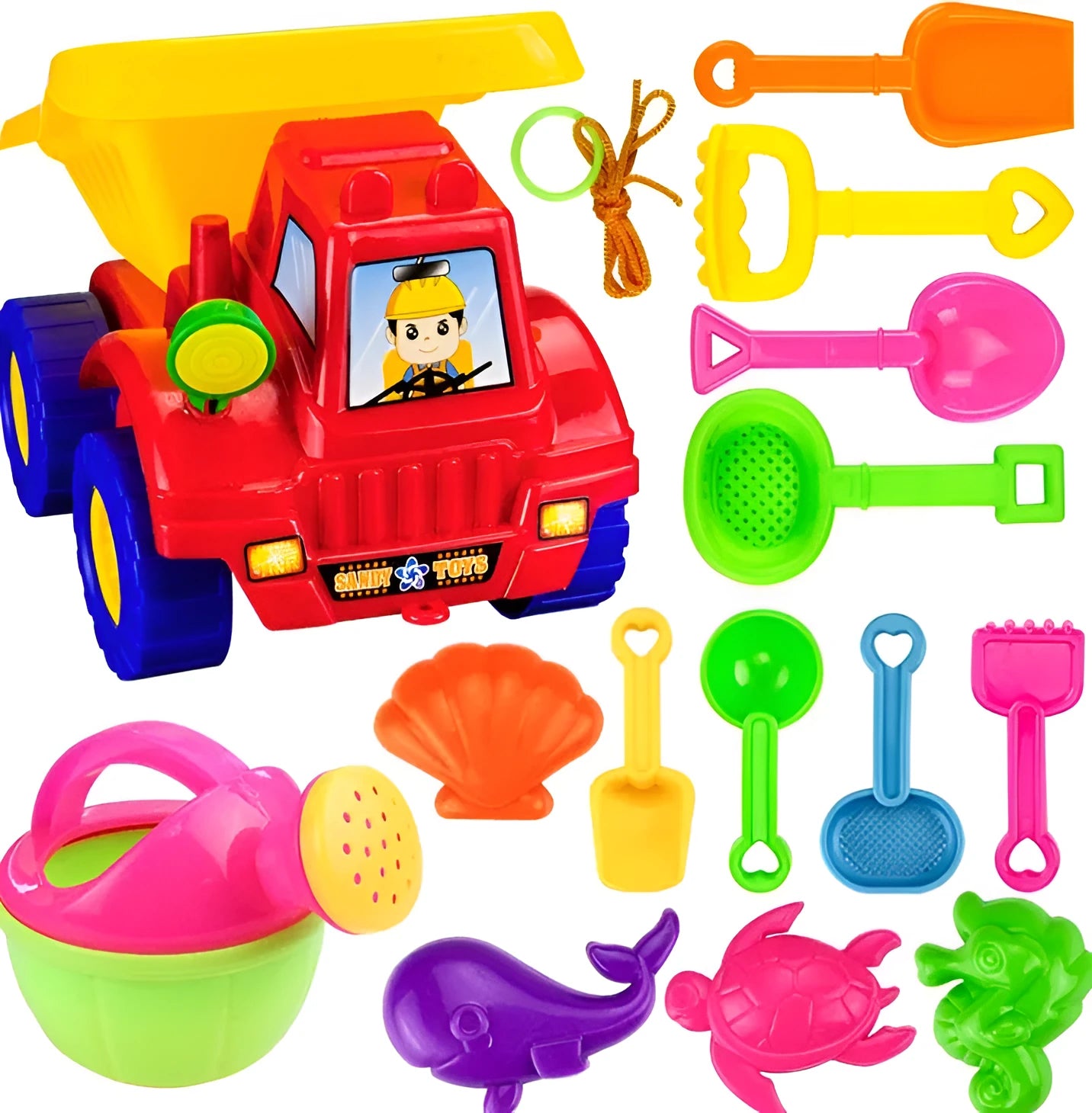 Plastic beach bucket set with sand moulds spade and rake for outdoor sand play