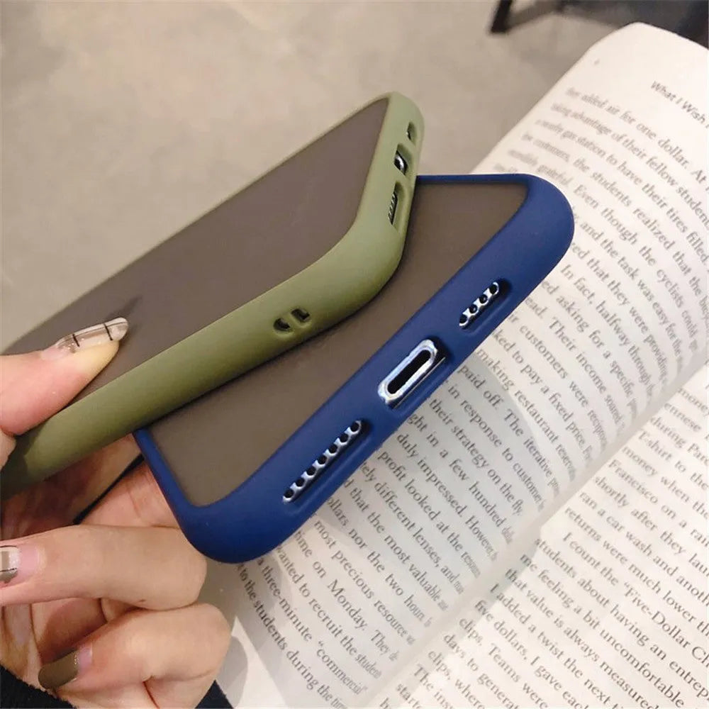 Solid colour silicone shockproof protective case for iPhone with transparent sleeve, shown in black.