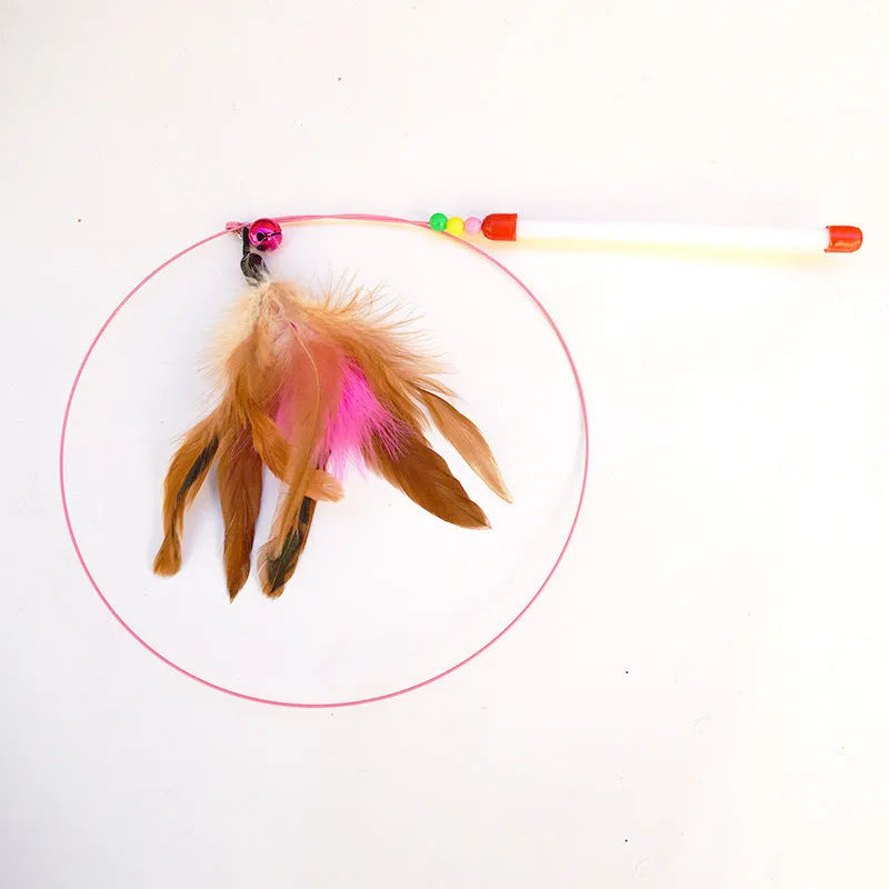 Multicolor pet cat toy set including a cat stick with fabric mouse and a sisal ball