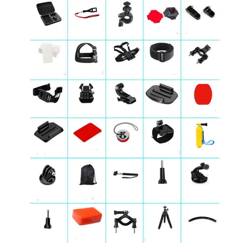 Black sports camera accessories set with helmet mount, chest strap, selfie stick, and storage bag