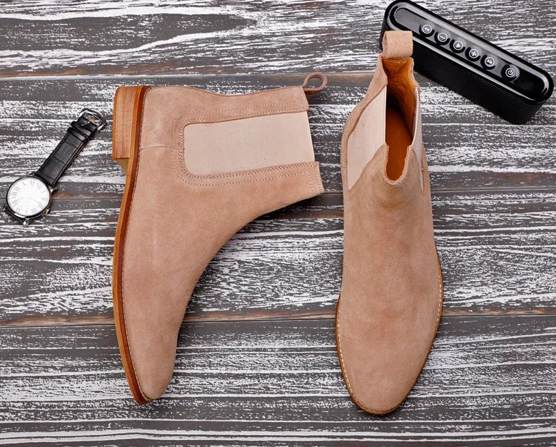 Chelsea boots in khaki, black, or grey leather with elastic side panels and heel pull tab, sizes 38 to 49