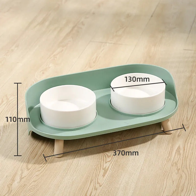 Green adjustable double-bowl pet feeder with tilted design for cervical support