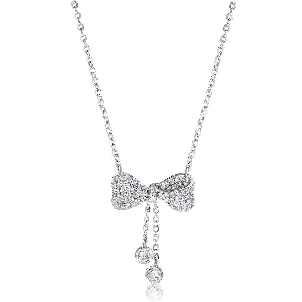 S925 sterling silver bow pendant necklace with O-ring chain, silver colour, 40-45cm length
